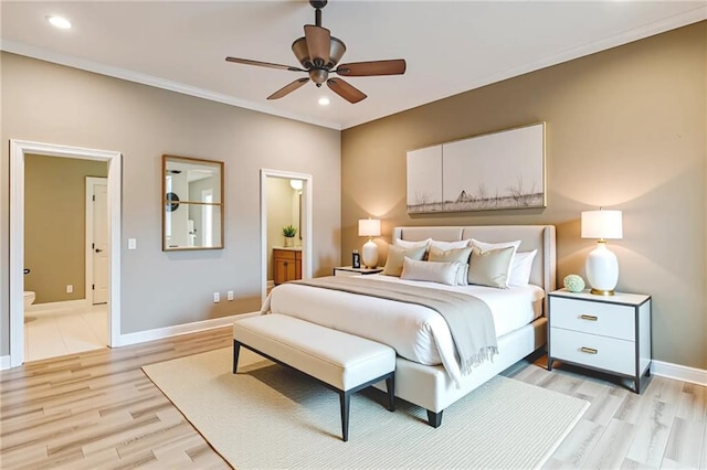 302 Charles Ct, Slidell, LA 70458 - bedroom with ensuite bath, light wood-style flooring, recessed lighting, and ceiling fan