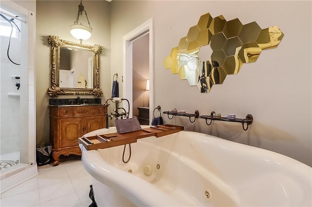 bathroom with tile patterned flooring, vanity, and plus walk in shower