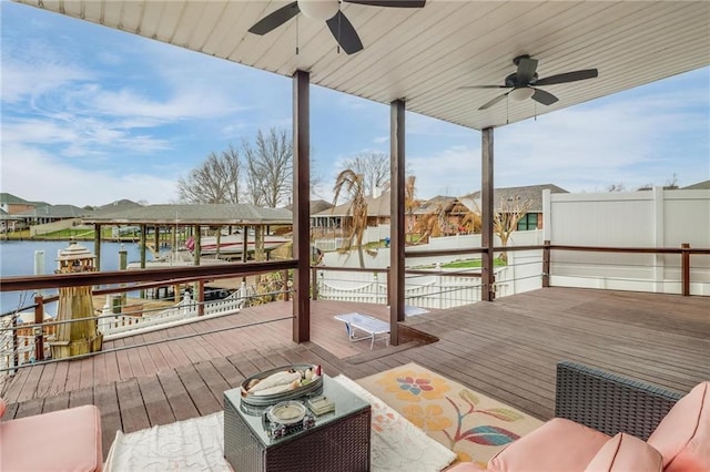 deck featuring a water view