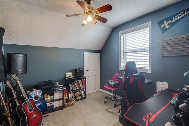 302 Charles Ct, Slidell, LA 70458 - carpeted office space with ceiling fan, lofted ceiling, and a textured ceiling