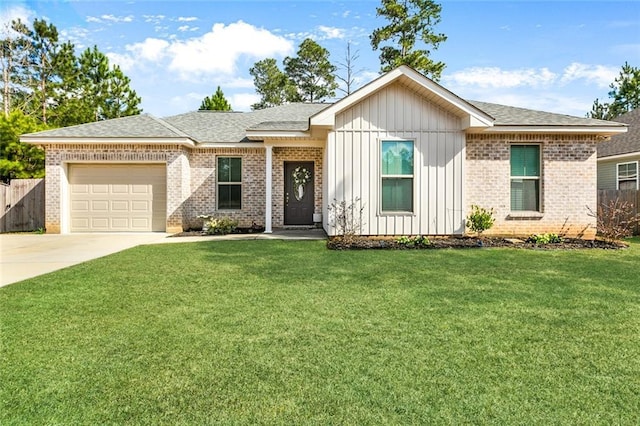 ranch-style house with a garage and a front yard