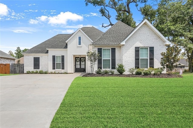 view of front facade with a front lawn and french doors