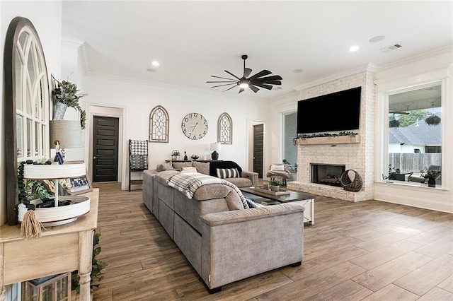 living room with crown molding, ceiling fan, and wood-type flooring