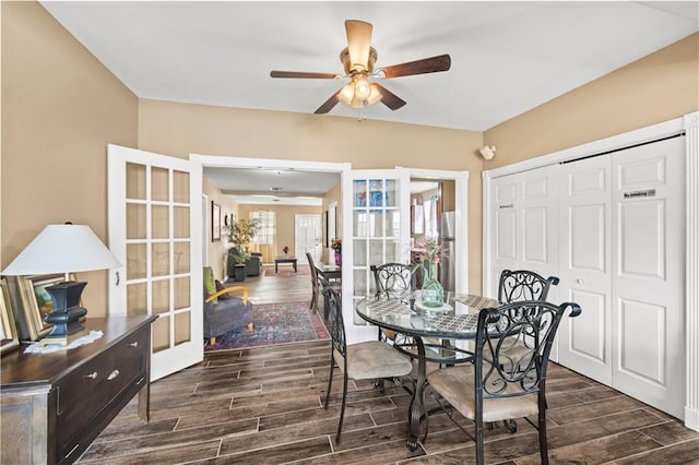 dining room with french doors and ceiling fan