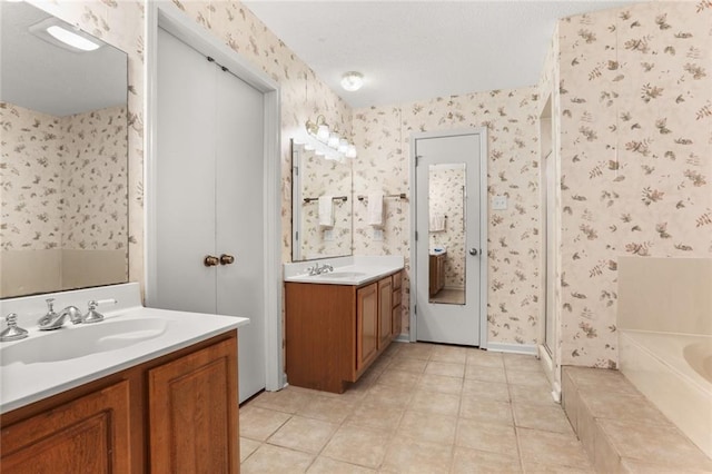 bathroom with vanity, shower with separate bathtub, and tile patterned floors