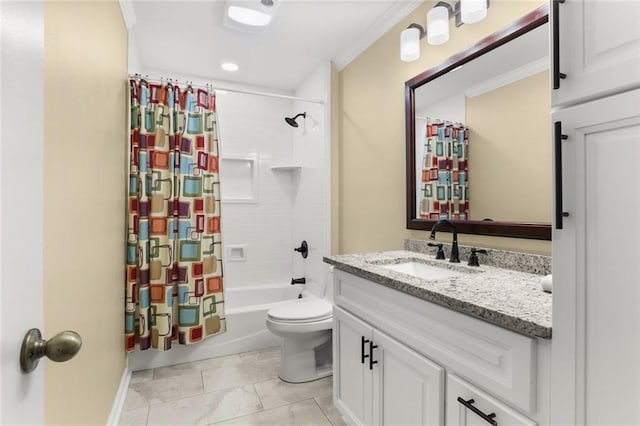 full bathroom with shower / bathtub combination with curtain, vanity, crown molding, and toilet