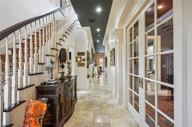 180 E Oakridge Park, Metairie, LA 70005 - corridor with ornamental molding and french doors