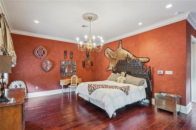 180 E Oakridge Park, Metairie, LA 70005 - bedroom with crown molding, dark wood-type flooring, and a chandelier