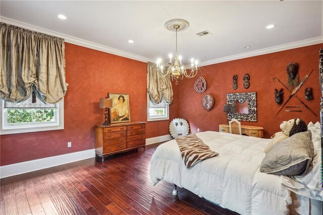180 E Oakridge Park, Metairie, LA 70005 - bedroom with ornamental molding, dark hardwood / wood-style floors, and a chandelier