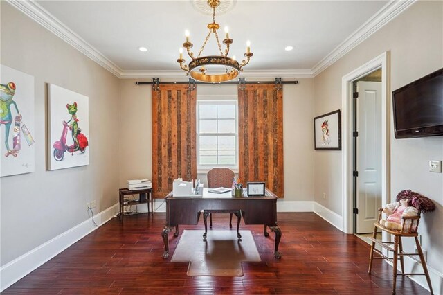 180 E Oakridge Park, Metairie, LA 70005 - home office with ornamental molding, a barn door, a chandelier, and dark hardwood / wood-style flooring
