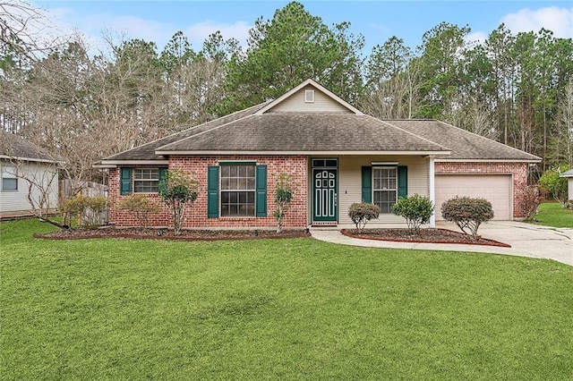 ranch-style house with a garage and a front yard