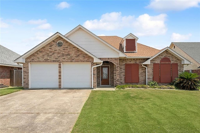 view of front of house featuring concrete driveway, roof with shingles, an attached garage, a front lawn, and brick siding