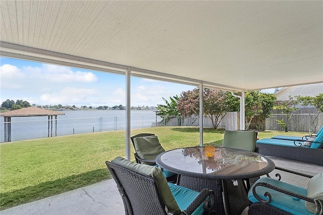 view of patio featuring a water view, outdoor lounge area, and a fenced backyard