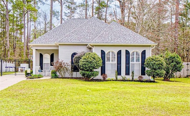 view of front of house featuring a front yard, roof with shingles, and fence