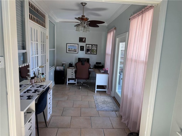 tiled office featuring crown molding, ceiling fan, and french doors