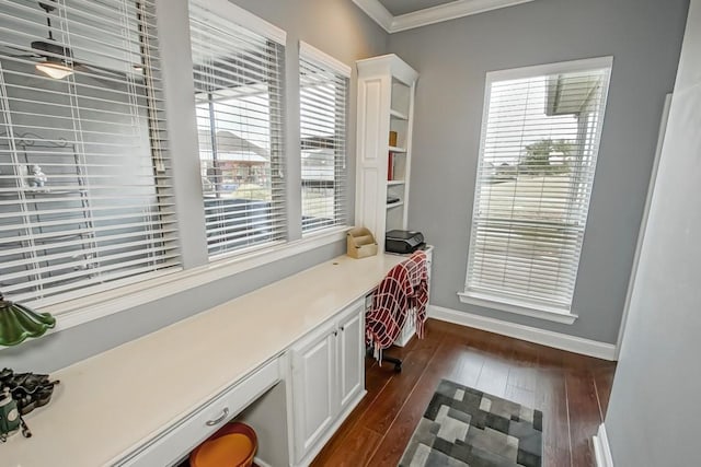 office space featuring ornamental molding, built in desk, and dark hardwood / wood-style flooring