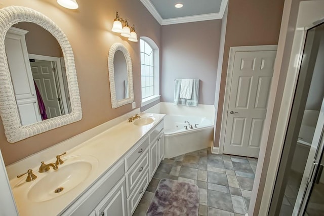 bathroom with crown molding, separate shower and tub, and vanity