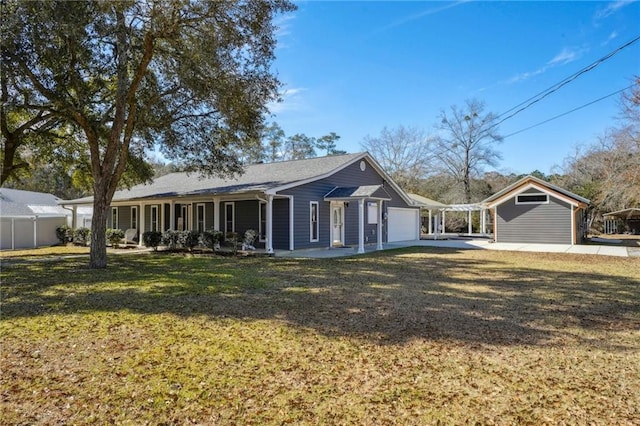 ranch-style home with a garage, driveway, a front yard, and fence