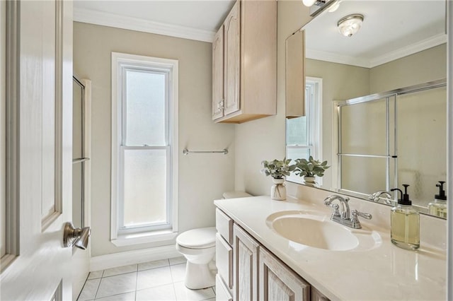 bathroom featuring toilet, ornamental molding, tile patterned floors, a shower with shower door, and vanity