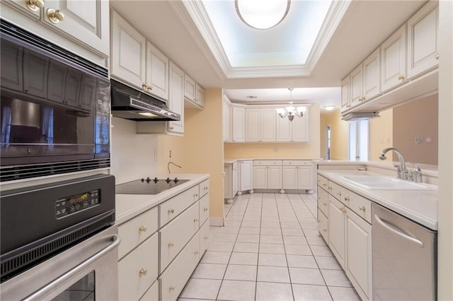 kitchen with sink, crown molding, appliances with stainless steel finishes, a raised ceiling, and white cabinets