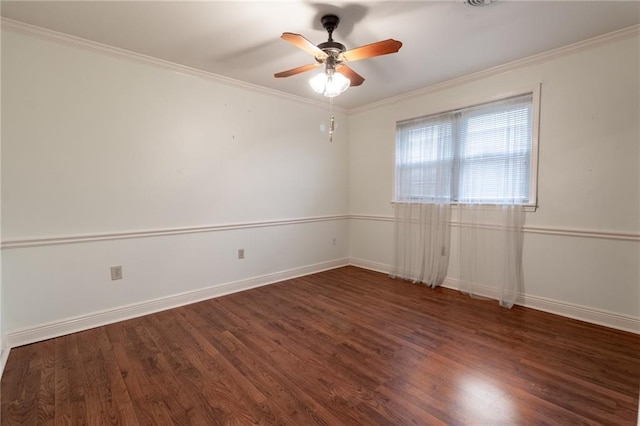 unfurnished room with crown molding, ceiling fan, and dark hardwood / wood-style flooring