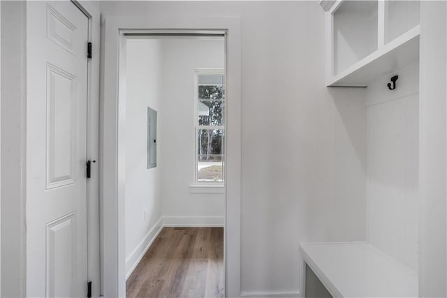 mudroom with light hardwood / wood-style flooring