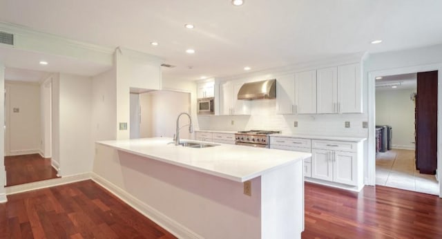 kitchen with tasteful backsplash, sink, white cabinets, stainless steel appliances, and wall chimney range hood