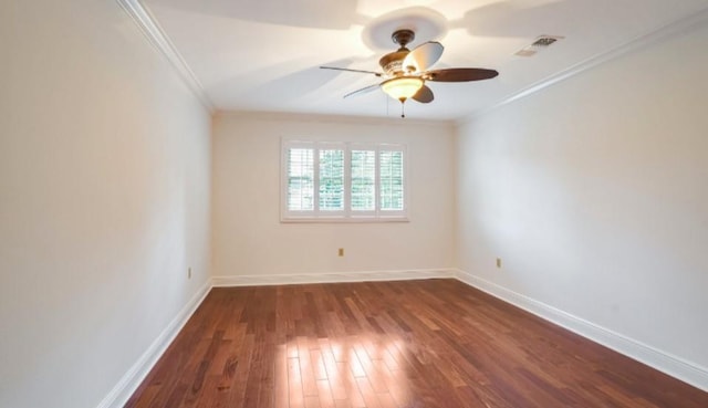 unfurnished room featuring ornamental molding, dark wood-type flooring, and ceiling fan