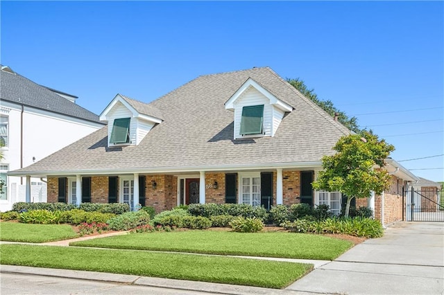 view of front facade featuring brick siding, a front yard, and a shingled roof