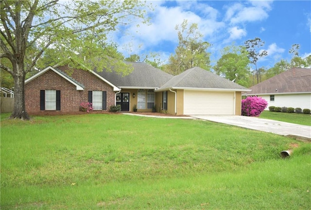 ranch-style house with a garage and a front yard