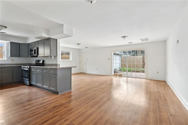 kitchen with gray cabinetry, light hardwood / wood-style flooring, stainless steel appliances, and dark stone countertops