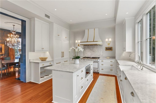 kitchen featuring premium range hood, white cabinetry, light hardwood / wood-style flooring, appliances with stainless steel finishes, and a kitchen island