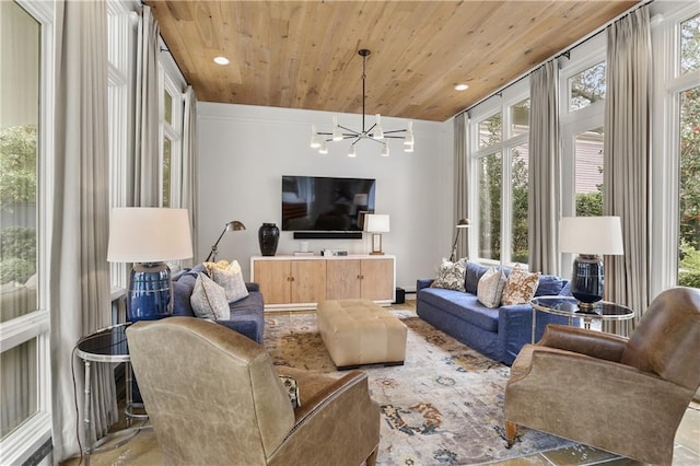 interior space featuring wood ceiling and a chandelier