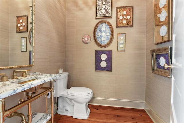 bathroom with toilet and hardwood / wood-style floors