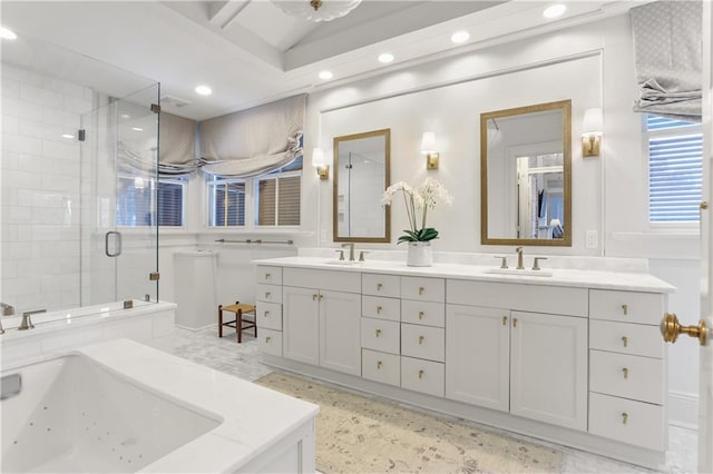 bathroom featuring vanity, lofted ceiling, and walk in shower