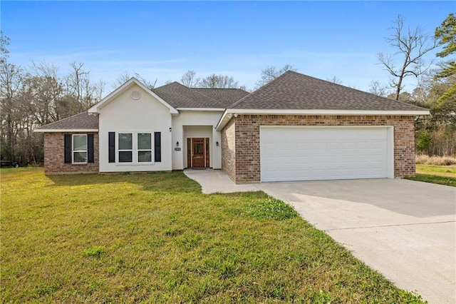 single story home with a garage and a front lawn