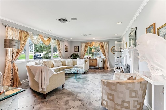 living room featuring recessed lighting, visible vents, a wealth of natural light, and ornamental molding