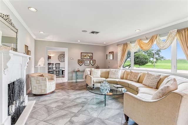 living room featuring visible vents, a fireplace with raised hearth, ornamental molding, recessed lighting, and baseboards