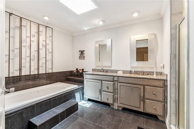 full bath with a sink, granite finish floor, crown molding, double vanity, and a bath