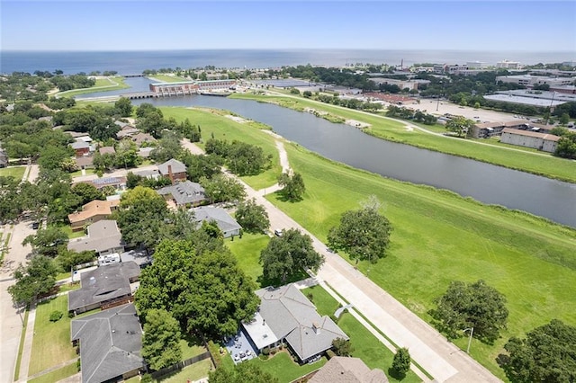 aerial view featuring a residential view and a water view