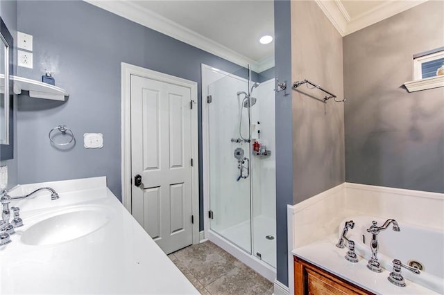 full bath featuring vanity, ornamental molding, a shower stall, and a bath