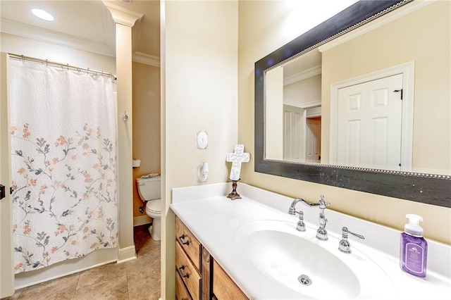 full bath featuring crown molding, toilet, vanity, tile patterned flooring, and baseboards