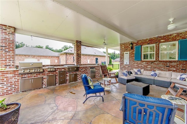 view of patio with a grill, outdoor lounge area, a ceiling fan, and area for grilling