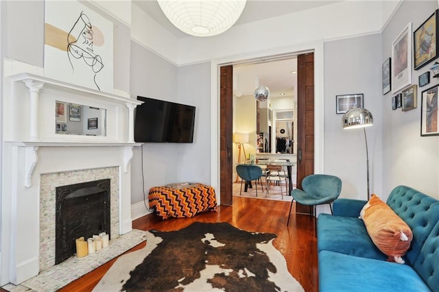 living room featuring a premium fireplace and wood finished floors