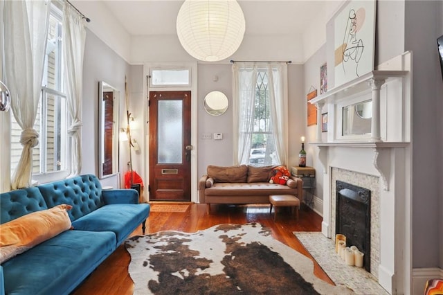 living room featuring dark wood-type flooring