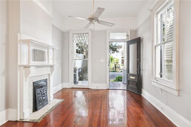 foyer featuring dark hardwood / wood-style floors, a wealth of natural light, and ceiling fan