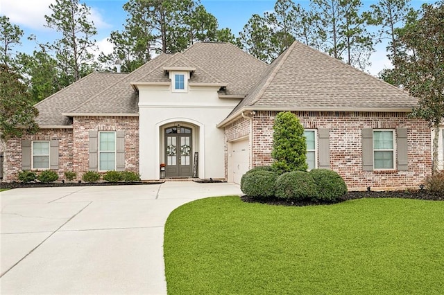 french country home with french doors, roof with shingles, brick siding, a front yard, and driveway