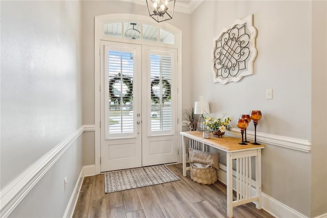 doorway featuring plenty of natural light, wood finished floors, and french doors