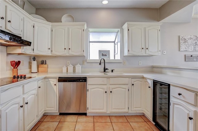 kitchen with wine cooler, sink, white cabinetry, and dishwasher