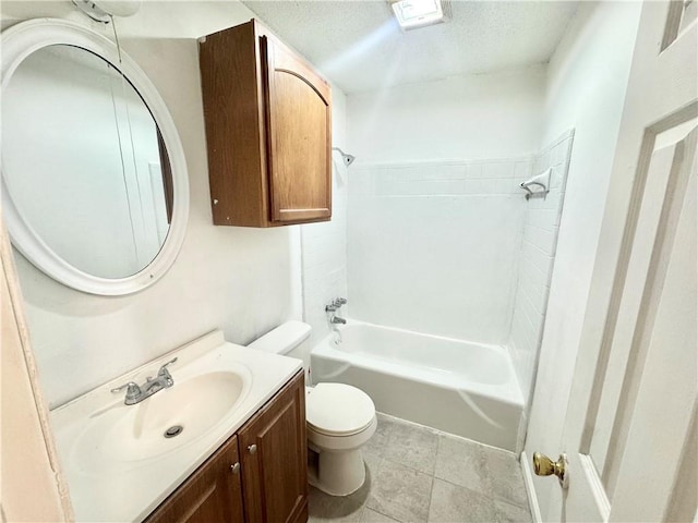 full bathroom with shower / bathtub combination, tile patterned flooring, vanity, toilet, and a textured ceiling